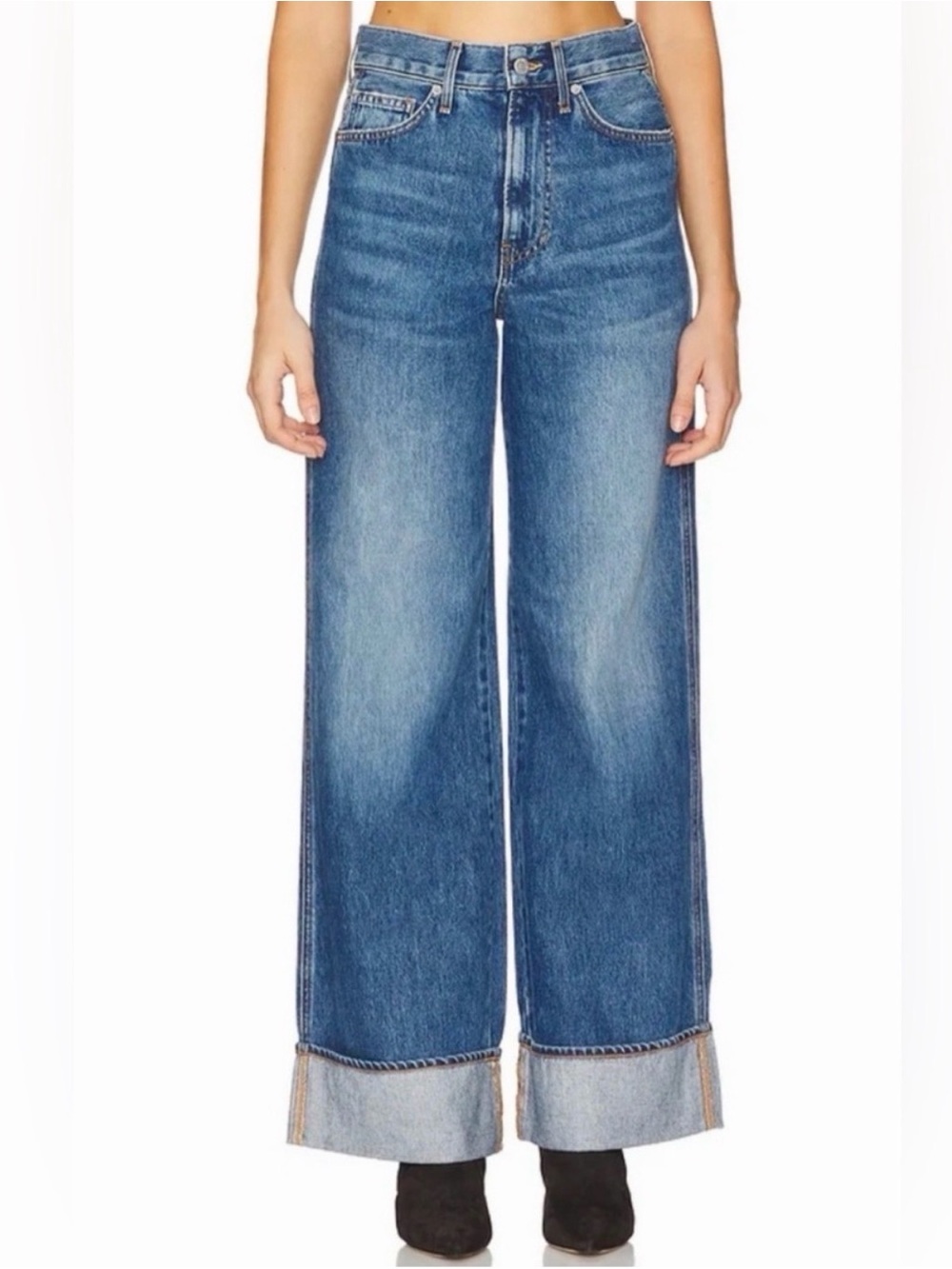Veronica Beard Taylor Rebel Stone High-Rise Wide Leg Jeans with Cuffed Hem